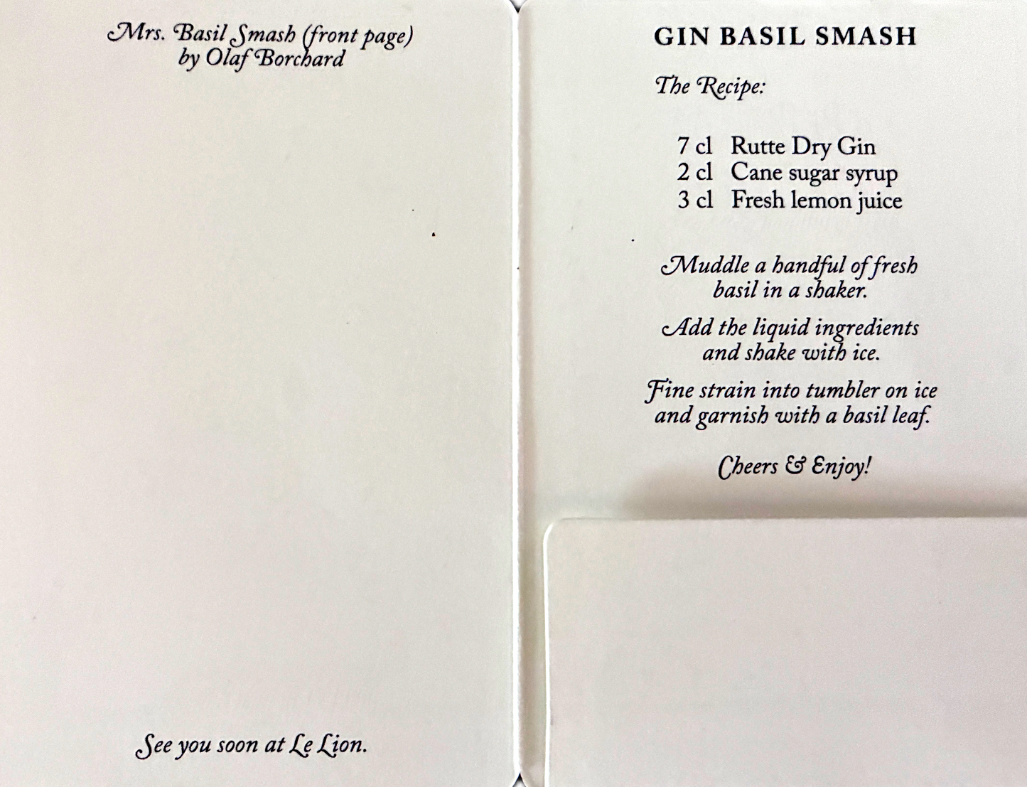 "Miss Basil" 25 Euro,- Mehrzweck Gutscheinkarte "LE LION - the cradle of the Gin Basil Smash"